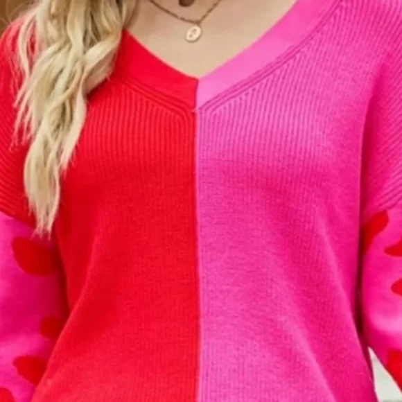 Miami Red and Hot Pink Heart Puff Sleeve V-Neck Oversized Crop Sweater - Picture 2 of 11